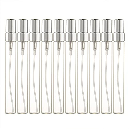 Enslz 10 x nachfüllbare Parfüm-Sprühflaschen aus Glas, 10 ml, Mini-Glasfläschchen dünn (Silber)