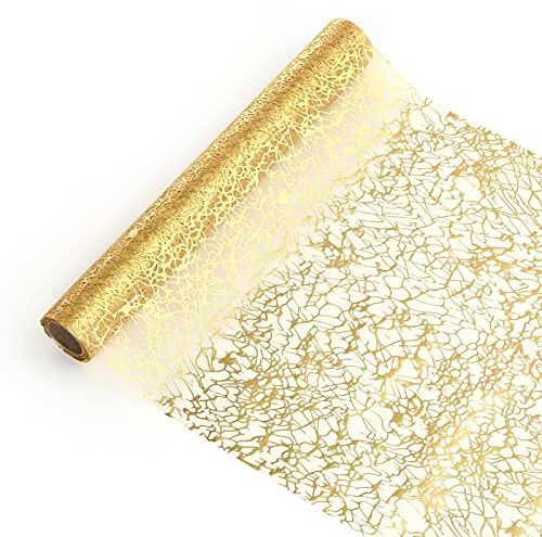 LEMESO Caminos de Mesa Mantel para Boda 5M de Largo Decorado con Malla Dorado Mantel de Organza Decorativos para Fiestas Comunion Decoración de Mesa de Navidad Rollo Translúcido -28cm x 5m/Rollo