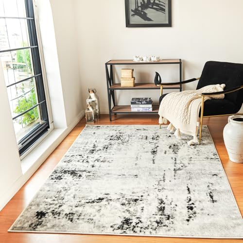 Livabliss Kyoto Wohnzimmer Modern – Abstrakt Design in Marmor Optik für Wohnzimmer 150x213 cm, Esszimmer, Schlafzimmer - Marmor e groß, weicher Kurzflor in Elfenbein, Grau, Schwarz