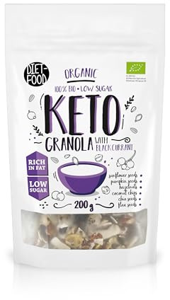 DIET‑FOOD Granola Keto bio à la cassis, riche en graisses, sans gluten, muesli petit-déjeuner faible en glucides, snack non OGM sans sucres ajoutés 200 g (1 unité)