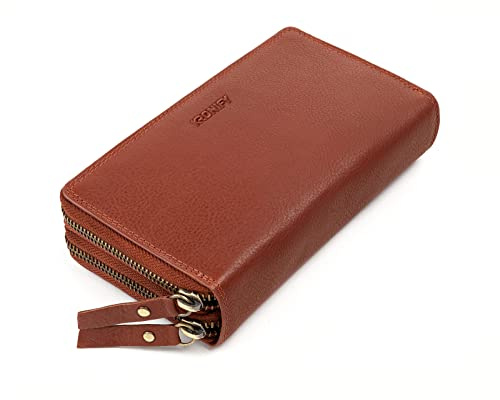 KRONIFY Leder Geldbörse Damen I Echtleder XXL Geldbeutel I Doppelter Reißverschluss I Groß I RFID Schutz I Portmonee mit Münzfach I 29 Kartenfächer I Frauen Portemonnaie I Nappa Rotbraun