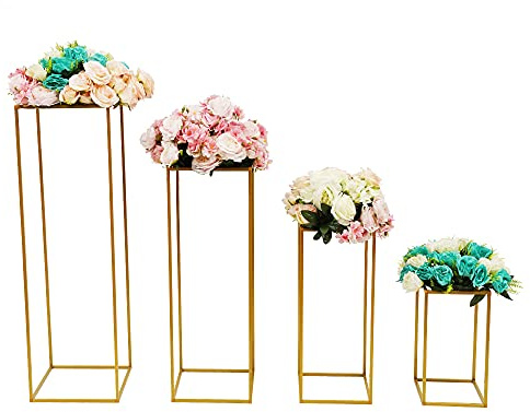 DNYSYSJ Metal Plant Stands Golden Vase Column,Set of 4 Detachable,Wedding Flower Holder High Square Rack Art Planter Supporting Indoor Outdoor,Garden Home Decor Pots Container Stand