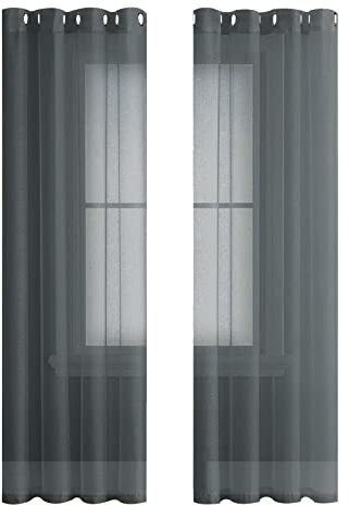 MRTREES Voile Gardinen Vorhang halbtransparent kurz mit Ösen in Leinenoptik Stores Gardinen Schals für Wohnzimmer Schlafzimmer Kinderzimmer Anthrazit 225×140cm (H×B) 2er Set