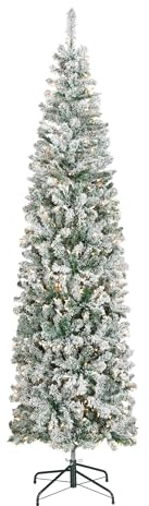 National Tree Company 7.5 ft Pre-Lit Flocked Acacia Slim Artificial Christmas Tree, 350 Clear Lights, 641 Tips, Includes Stand, Green