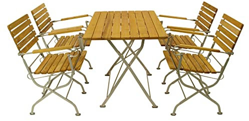 DEGAMO Garten Sitzgruppe Klappgarnitur Passau 5-teilig (4X Armlehnensessel, 1x Tisch 70x110cm), Gestell Flachstahl verzinkt und transparent pulverbeschichtet, Belattung Robinien Holz, Outdoor