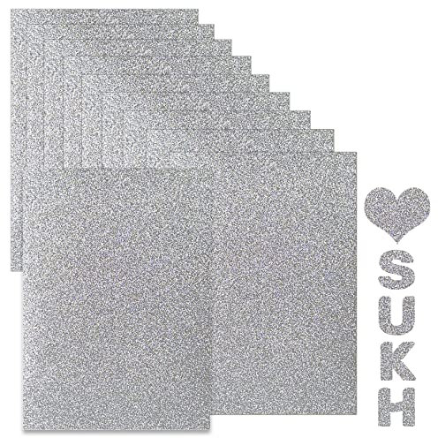 Sukh Lot de 10 feuilles de papier cartonné pailleté argenté A4 épais coloré pour travaux manuels, Noël, Saint-Valentin, emballage cadeau, mariage, fête d'anniversaire, scrapbooking, 250 g/m²