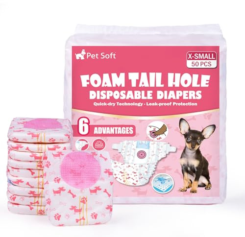 Pet Soft Hundewindeln für Hündinnen, 50 Stück Einweg Windeln für Hunde&Katzen, Hochsaugfähige Katzenwindeln Läufigkeitshose für Hündinnen mit verstellbarem Schwanzloch (XS-50 Stück)