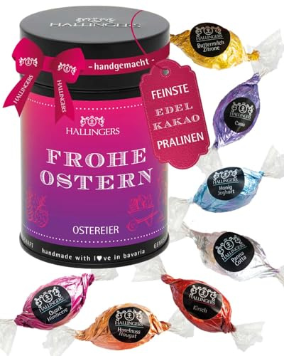 Hallingers Genuss Manufaktur Pralinen-Osterei Oster-Geschenk - ohne Alkohol, handmade aus Edelkakao in wertiger Geschenkdose Frohe Ostern, Ostern Körbchen für Frauen Männer