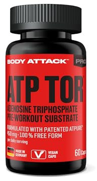 Body Attack ATP TOR - PRE WORKOUT BOOSTER – 60 Kapseln - Made in Germany - Gym Booster für Fitness, Bodybuilding & intensives Training - Patentierte Formel ohne Aspartam - GMO free