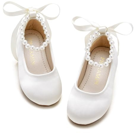 PHIRAMIN Toddler Flower Girl Satin Ivory White Dress Shoes - Little Girl Ballet Flats Size 12 Pearl Wedding Party