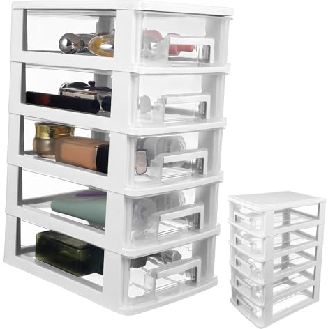 Healvian Schreibtisch Organizer Schubladen Kunststoff Schubladenbox 5 Transparente Schubladenturm Kosmetik mit Schubladen Aufbewahrungsturm Schubladencontainer Storage Cabinet