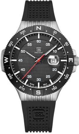 GLOCK Orologio al quarzo da uomo, cassa da 43-45 mm, con cassa in acciaio e datario, orologio da uomo con lancette e indici Swiss Super-LumiNova, 20 ATM, GW-15/GW-44, Nero , cinghia