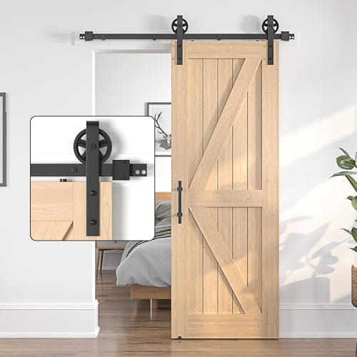 SANKEYTEW 5FT/152.5CM Sliding Door Kit,Single Wood Barn Door Sliding Kit,Heavy Duty Sliding Barn Door Kit,Black Sliding Door Track -Large Wheel
