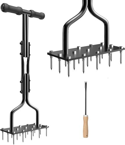 HYCHIKA Lawn Aerator with 15 Spikes, T-Handle Grass Aerator, Manual Garden Lawn Aerator, Tool for Soils Lawn Care