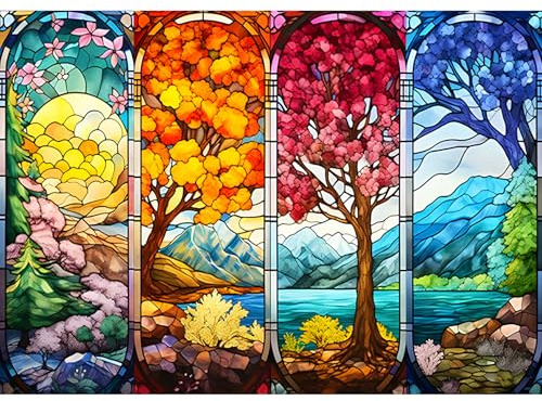 BOWETILE 5D Vetro Colorato DIY Diamond Painting Kit Completo, Kit Completo Paesaggio Diamond Painting Per Adulti, Quattro Stagioni Albero Diamant Painting Per Adulti, Decorazioni Per Casa 40x30 cm
