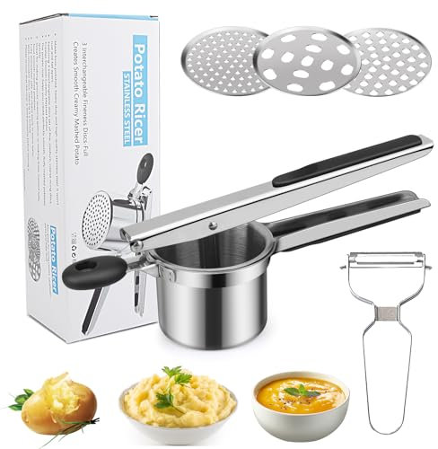 Machacador de Patatas con Pelador, hicoosee Machacador de Patatas Profesional con 3 discos y mangos de silicona antideslizantes, Machacador de Papas Multipropósito para Puré de Papas, Comida para Bebé