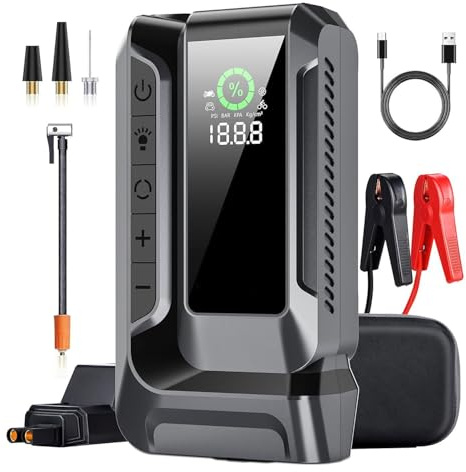 Booster Batterie Voiture 4000A, Démarreur de Batterie de Voiture Portable 150PSI (Jusqu’à 10.0L Essence/8.0L Gazole), avec QC3.0, Grand éCran, Lumière LED à 3 Modes, Pinces Intelligentes