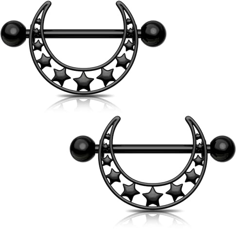 Melighting Schwarze Nippelringe Stern Nipple Barbell Hohl Muster Nipple Bars 316L Edelstahl Nipple Piercing Bar 14mm Nipple Shield Ringe Edelstahl
