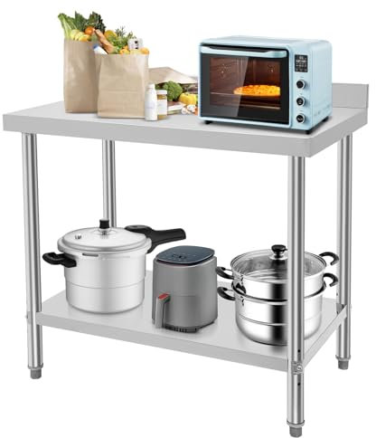 DOPBENT Köksbord i rostfritt stål, 100 x 60 x 97 cm, gastronomibord kan belastas upp till 500 kg, med justerbar höjd, nedre förvaringsyta, rostfritt stål, köksbord, utomhus, köksmöbler