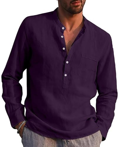 Rodawu Chemise en lin à manches longues pour homme - Style décontracté - Pour l'été et la plage, violet, XL