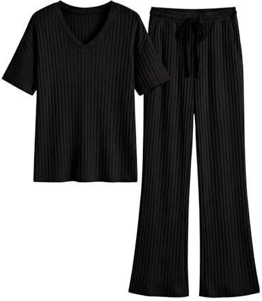 UMIPUBO Pigiama Donna Estivo Scollo a V Tuta Completo Maniche Corte Pigiami Due Pezzi Vita Elastica 2 Pezzi Loungewear Pullover e Pantalone Lunga Leggero Indumenti da Notte (Nero, XXL)