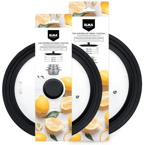 ELMA Set de 2 Tapa Sarten Universal para Ollas, Sartenes y Cazuelas | Cristal Templado con Borde de Silicona Resistente al Calor, Multi Medida (Ø16-18-20 y Ø24-26-28 cm)