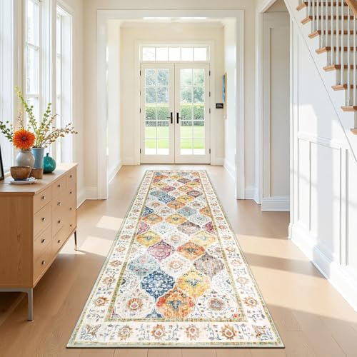 SHACOS Alfombra larga para pasillo de 80 x 200 cm, antideslizante, estrecha, lavable, vintage, para pasillo, entrada, cocina, colorido