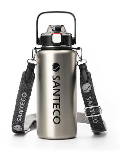 SANTECO Gourde isotherme en acier inoxydable avec paille - 1,2 l - Sans BPA - Avec bandoulière amovible - Anti-fuite - Passe au lave-vaisselle - Pour la course, la gym, la randonnée