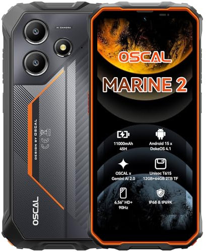 OSCAL MARINE 2 Rugged Smartphone 2025, 11000mAh (18W) Telefono Indistruttibile, Android 15 Smartphone, 12GB+64B/2TB Rugged Phone, NFC, 6.56''HD+ 90Hz, AI 16+8MP, IP69K/3 Slots/Face ID/OTG, Arancia
