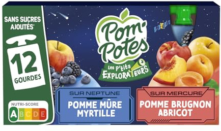 Compotes Les P'tits Explorateurs sur Neptune et Mercure pomme mûre myrtille, brugnon abricot sans sucres ajoutés POM'POTES - les 12 gourdes de 90g Lot De 3 - Par Lot