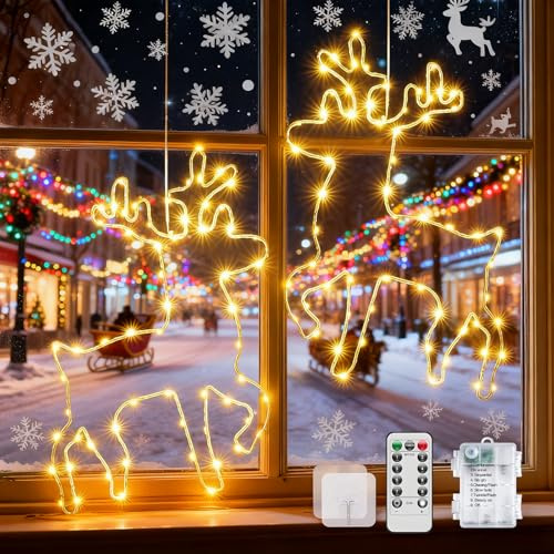 Decorazioni natalizie Vleuexe 2 pezzi di renna LED Decorazione finestra Natale luci esterno batteria,60 LED appeso Babbo Natale catena luminosa natalizia contimer,tenda luminosa per interni ed esterni