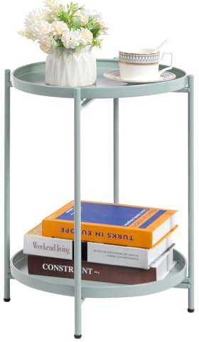 HollyHOME Mesa Auxiliar Redonda Mesa de Café & Té, Bandeja de Metal de 2 Niveles, Mesita de Noche Mesita de Sofá para Sala de Estar Dormitorio Balcón Patio, Cian
