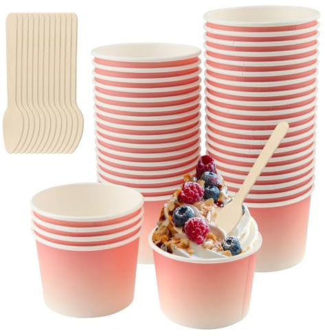 Vaskula 50 Stück Eisbecher Pappe 240ML Candybar Becher mit Löffel Pappbecher Klein Verdickt Dessertbecher Farbverlauf Rosa Slush Eis Becher für Eis Dessert Fingerfood Joghurt