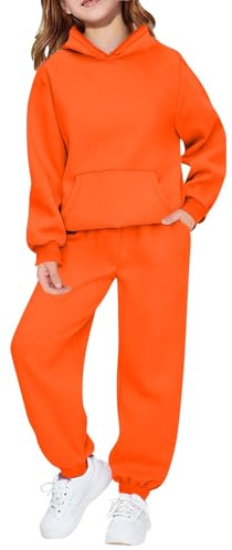 Kids Tracksuit Full Set 2 Piece Sport Outfit Boys Girls Long Sleeve Hoodie Sweatshirts and Loose Sweatpants Bottom Jogging Pants Activewear Track Suit (Orange, 9-10 Years)