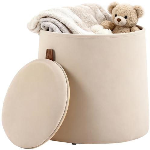 HOMCOM Puff de almacenaje, taburete redondo con funda reversible, reposapiés en tejido de terciopelo esmerilado, para dormitorio, pasillo, salón, capacidad de carga 150 kg, Ø 44 x 47,5 cm, beige