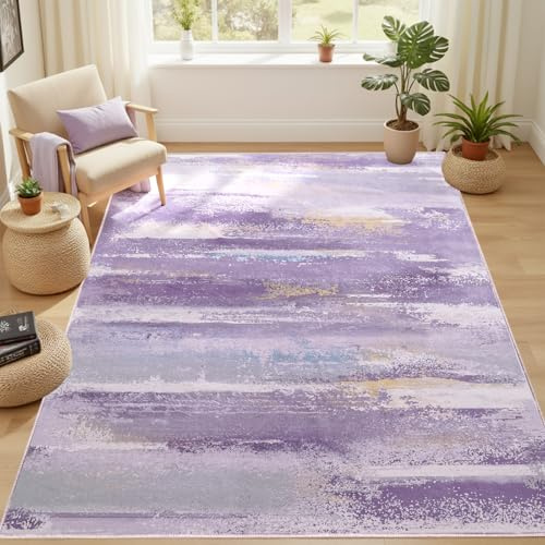 GthreeD Living Room Rug, Abstract Coloured Paintings, Purple, 140 x 200 cm, Washable Rugs - Abstraction and Fashion Colours Match, Bedroom, Dining Room and Office
