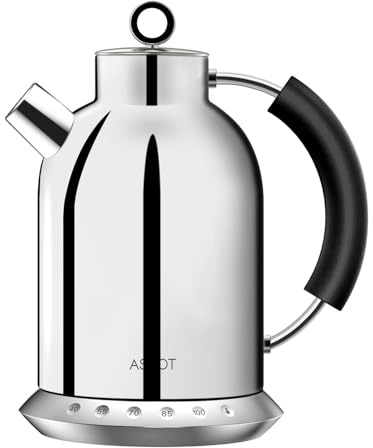ASCOT Hervidor de agua de acero inoxidable con 5 ajustes preestablecidos variables, tetera eléctrica, hervidor de café, 30 minutos, calentamiento rápido de 2200 W, 1,5 L