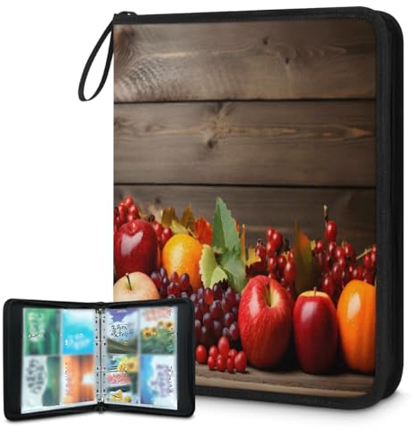DJYQBFA Card Binder 4 Pocket with 50 Removable Sleeves - Holds 400 Trading Cards, Wooden Fruits 4-Ring Zip Top Loader Binder, Protective Album for Collectors