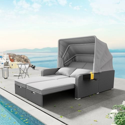 Merax Gartenmöbel für 2 Personen, Polyrattan Sonnenliege mit Baldachin & Verstellbare Rückenlehne, Outdoor Doppelliege mit Kissen & Getränkehalter, Daybed für Schwimmbad und Terrasse, Wetterfest, Grau