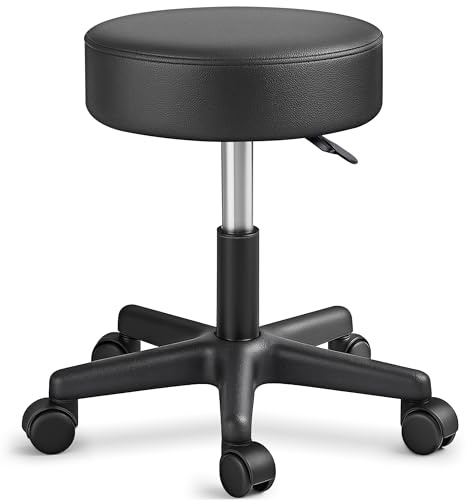 TRESKO® Rollhocker höhenverstellbar 10 cm Dicke Polsterung bis 150 kg | Hocker 47-60cm | Arbeitshocker Bürohocker 360° Drehbar mit Rollen | Drehhocker für Büro, Werkstatt, Kosmetik, Friseur, Praxis