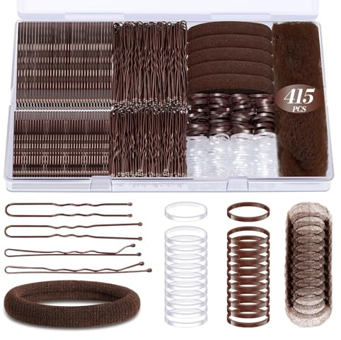 Nurila 415 Stück Haarnadeln Set Braun, Haarklammer und Haarnadel Styling | U-förmigen Pins, Haargummis, Haarnetz & Aufbewahrungsbox, Haarschmuck für Dutt Damen