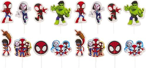 dekora - Spidey Cupcake Toppers 16 Stück (8 Designs) – Offizielle Marvel Tortendeko, stabile Papierkarte mit lebensmittelechten Stäbchen (Packung mit 2)