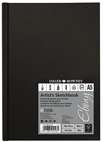 Daler Rowney Ebony Cuaderno Dibujo Cosido Tapa Negra Retrato A5 160G 54 hojas