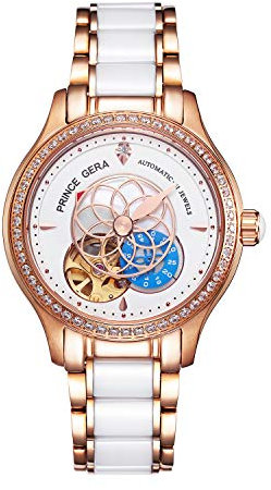 PRINCE GERA Damen Armbanduhr Automatikuhr für Damen Lotusblumen Skelett Diamant Damen armbanduhren aus Edelstahl Keramikband (Roségold)