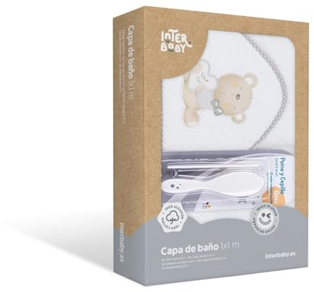 Interbaby P1177-18 Asciugamano con cappuccio per neonato LOVE YOU in bianco e grigio con Set de Spazzola e Pettine - 900 g