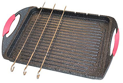 Griglia multiuso 100% antiaderente con rivestimento effetto pietra. Fondo ad induzione. Si può usare sia in forno che sul fornello. Porta spiedini. Manicature asportabili in Silicone
