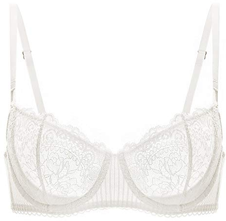 DOBREVA Women's Sexy Lace Push Up Plus Size Bra Sheer Balconette Underwire Unlined Ivory_Eyelash lace 36B