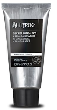 Bullfrog Rasiercreme Secret Potion Nr. 3 Nomad Edition 100 ml – Macht den Bart weich – Hinterlässt frische und glatte Haut – Marine-, Holz- und Ambernoten – Hergestellt in Italien