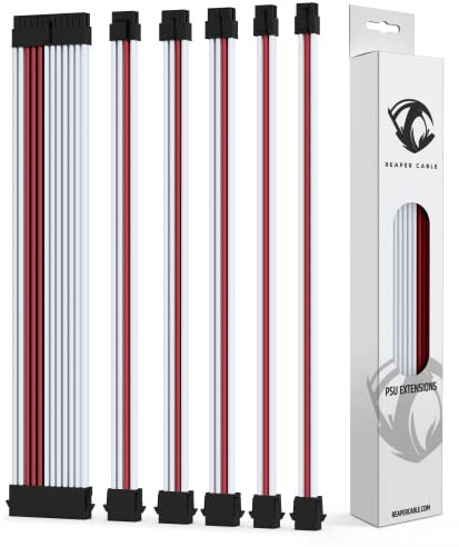 Reaper Cable Sleeved PSU Extension Set - Power Supply Extensions - 1x 24 Pin/ 2x 8 Pin/ 2x 6 Pin/ 1x 4+4 Pin - With Combs - 30cm (White & Red)
