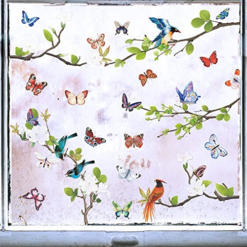 BETESSIN Fensterbilder Frühling Aufkleber Schmetterlinge und Vogel Fenstersticker Selbstklebend Frühlingsaufkleber für Fenster Tür Wand Möbel Kühlschrank uvm.